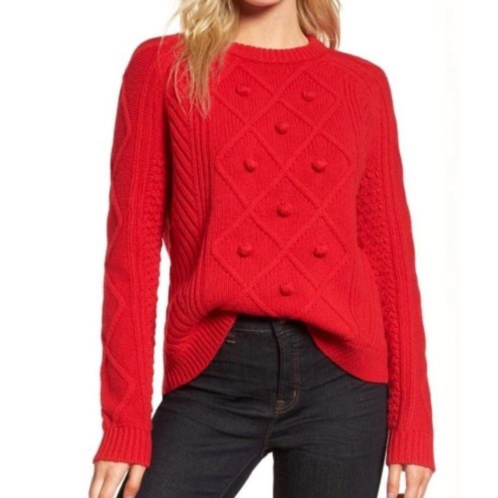 J. Crew Hawthorne Cable Knit Pom-Pom 100% Wool Sweater